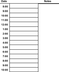 Daily Planner 2:  Hourly Schedule from 8 am - 10 pm with space for notes.  Click for a print ready version.