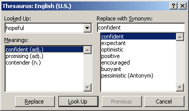 A picture of the thesaurus spell checker from MS Word.