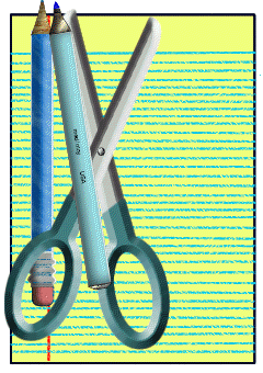 A collage of equipment, such as scissors, a pencil, a pen, and a pad of paper.