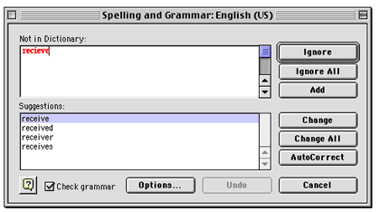 Screenshot of MS Word spell check,