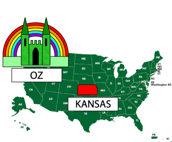 A picture of Oz, superimposed over a map of the United States with Kansas highlighted.
